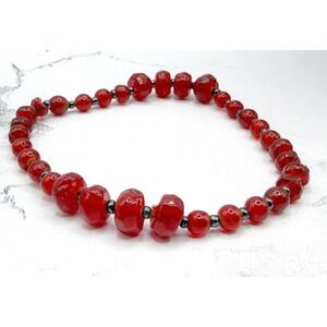 Red Glass Bead Stretch Bracelet Feminine Gunmetal Spacer Stackable 7.75"